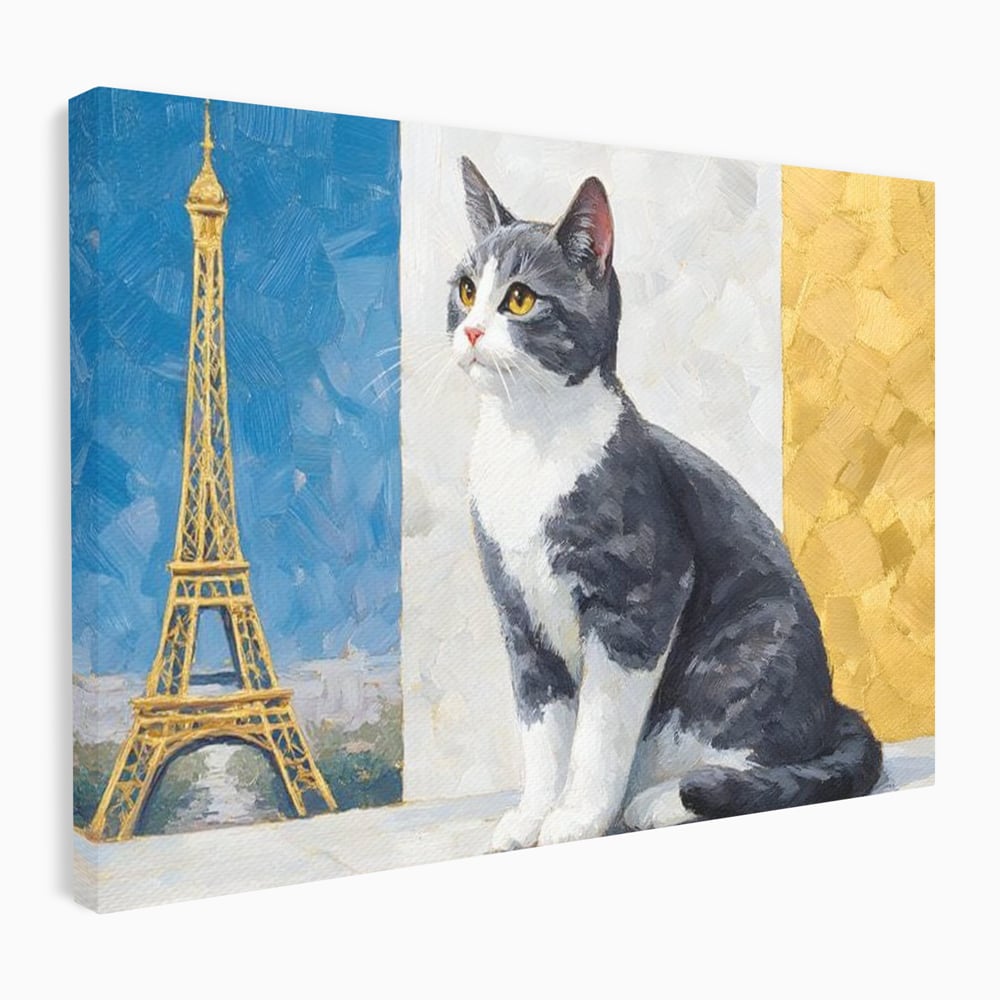 Tablou canvas cu tablou canvas cu pisica si turnul eiffel, fara rama, pe sasiu de lemn